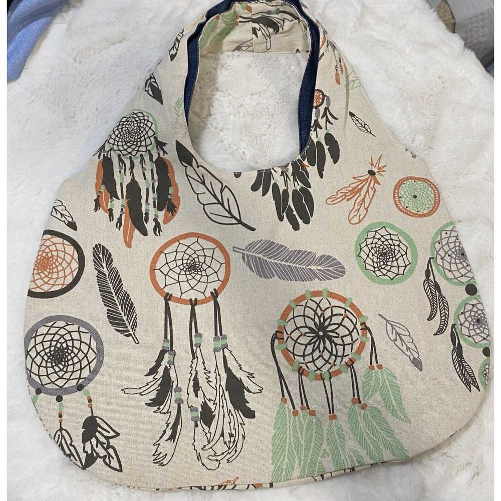 Blacktop Dreamcatcher Feather Canvas Hobo Bag Denim‎ Lined Boho Slouchy Tote